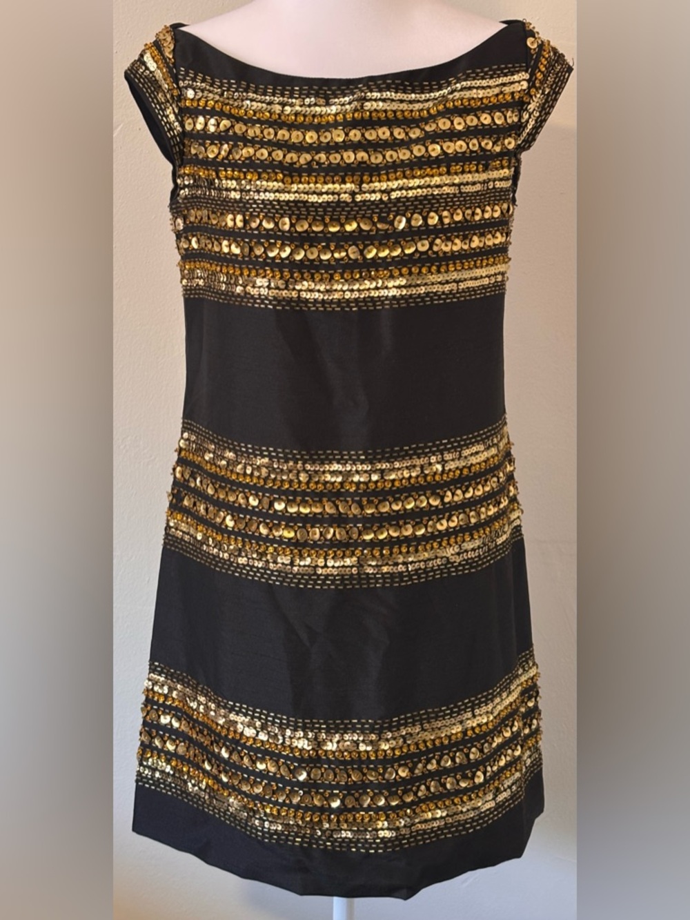 Anthropologie Corey Lynn Calter Black & Gold Sequin Cap-Sleeve Mini Dress Sz. 6